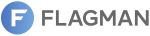 Logotipo de FLAGMAN con un emblema circular azul y texto gris en negrita sobre un fondo blanco puro.