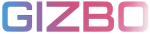 Logotipo de GIZBO con texto en degradado azul y rosa sobre un fondo blanco puro.
