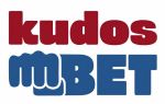 Logotipo «kudos» de color rojo oscuro con un puño azul y el texto «MBET» sobre un fondo blanco puro.