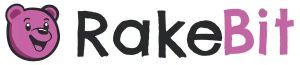 Logotipo de RakeBit con un oso morado y texto.